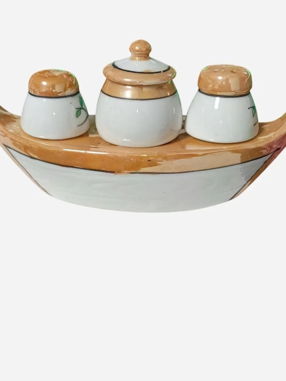 Hand-Painted Porcelain Condiment Set with Floral & Bird Motif